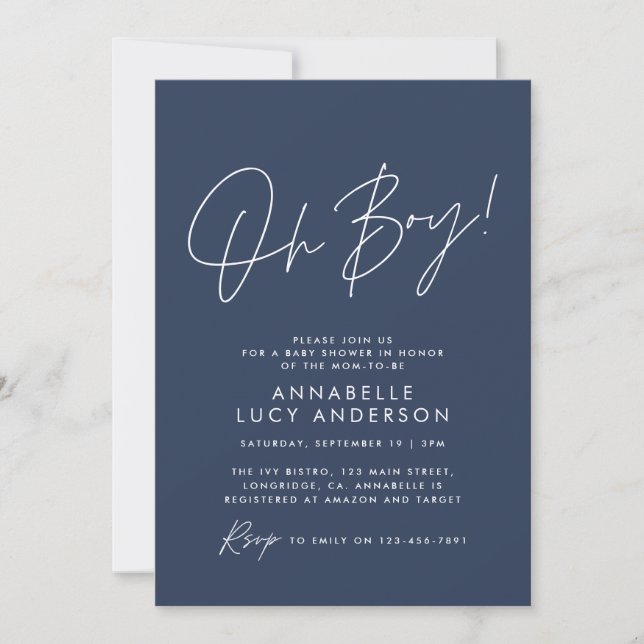 oh Boy baby shower script baby navy blue elegant  Invitation (Front)