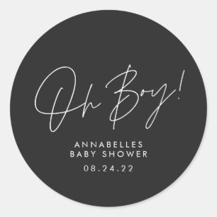 oh boy Baby shower script black elegant Classic Round Sticker