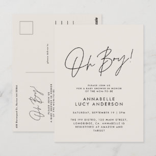 oh boy Baby shower script cream elegant Postcard