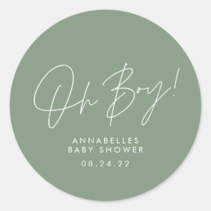 oh boy Baby shower script green elegant  Classic Round Sticker