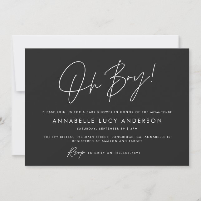 oh boy Baby shower script modern black boho Invitation (Front)