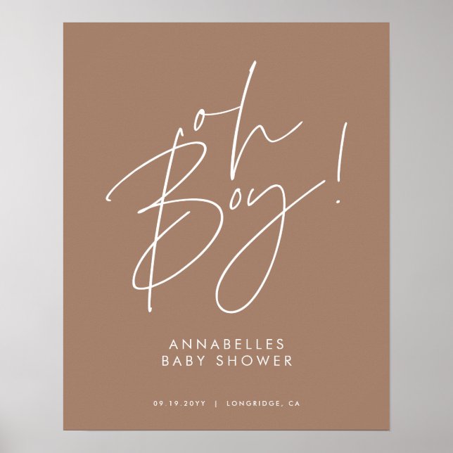 oh Boy baby shower script modern brown elegant Poster (Front)