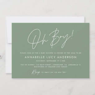 oh boy Baby shower script modern green boho Invitation