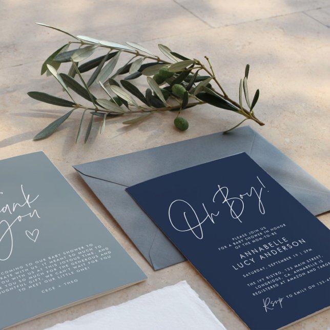 oh Boy baby shower script navy baby blue elegant Invitation (Creator Uploaded)