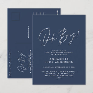 oh boy Baby shower script navy blue elegant  Postcard