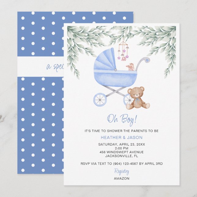 Oh Boy Baby Stroller and Mobile Shower Invitation (Front/Back)