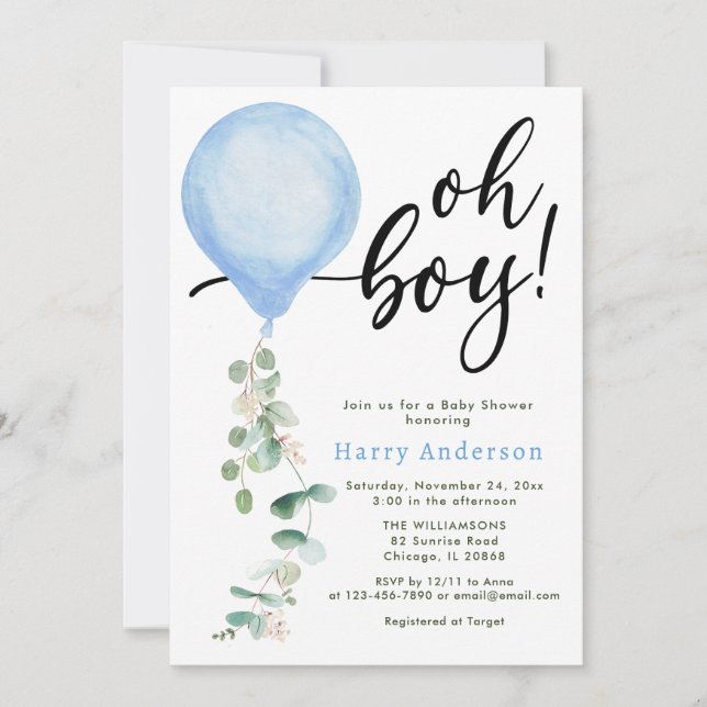 Oh Boy balloon greenery eucalyptus baby shower Invitation (Front)