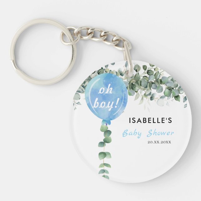 Oh Boy balloon greenery eucalyptus baby shower Keychain (Front)