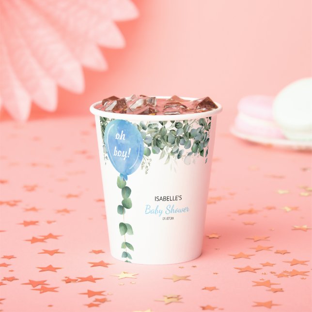 Oh Boy balloon greenery eucalyptus baby shower Paper Cups (Insitu)