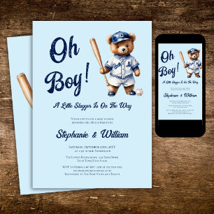 Oh Boy Baseball  Baby Shower Cute Bear Invitation