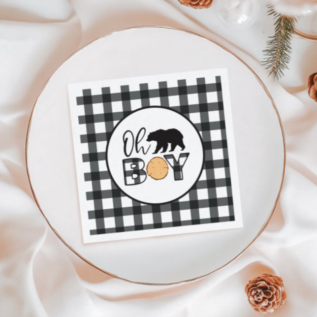 Oh Boy Bear black Buffalo Plaid Baby Shower Napkin (Creator Uploaded)