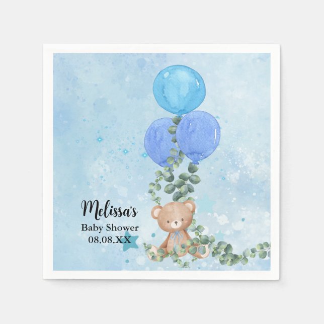 Oh Boy Bear Blue Balloon Eucalyptus Garland Custom Napkin (Front)