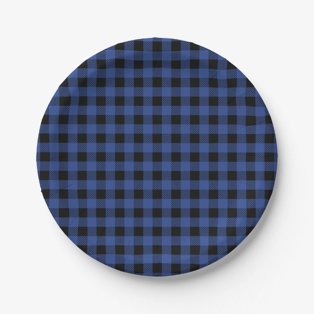Oh Boy Bear blue Buffalo Plaid Baby Shower Paper Plate (Front)