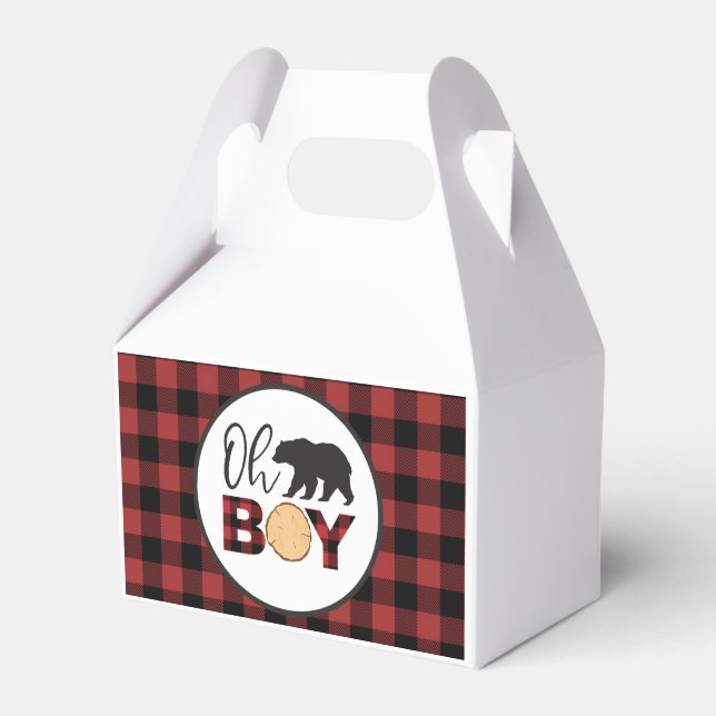 Oh Boy Bear Buffalo Plaid Baby Shower Favor Box (Front Side)