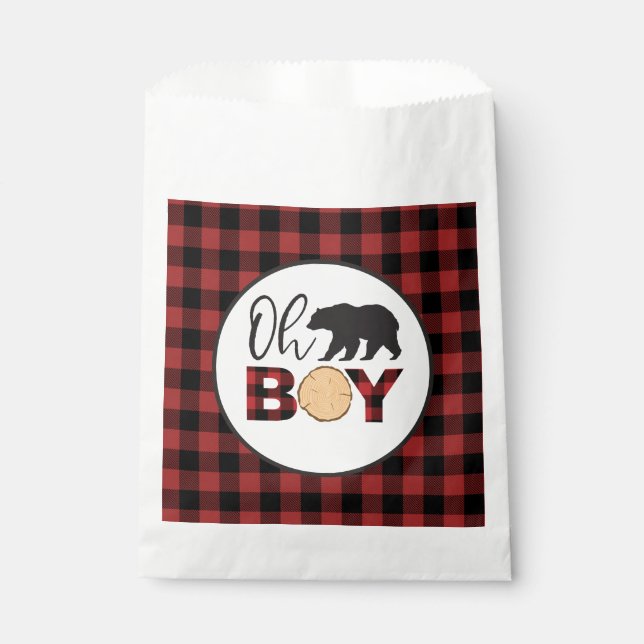 Oh Boy Bear Buffalo Plaid Baby Shower Favour Bag (Front)
