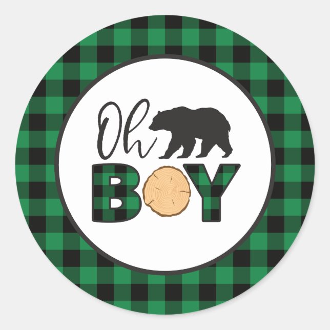 Oh Boy Bear green Buffalo Plaid Baby Shower Classic Round Sticker (Front)
