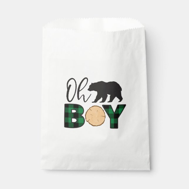 Oh Boy Bear Green Buffalo Plaid Baby Shower Favour Bag (Front)