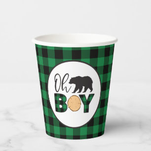 Oh Boy Bear green Buffalo Plaid Baby Shower Paper Cups