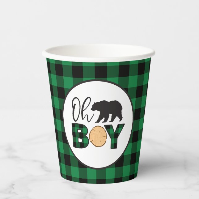 Oh Boy Bear green Buffalo Plaid Baby Shower Paper Cups (Front)