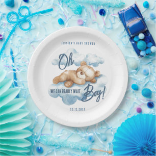 Oh Boy Bearly Wait Bear Blue Clouds Baby Shower Paper Plate
