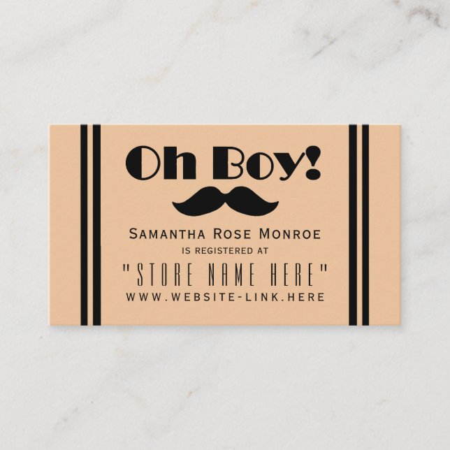 Oh Boy Black Moustache Baby Shower Gift Registry Enclosure Card (Front)
