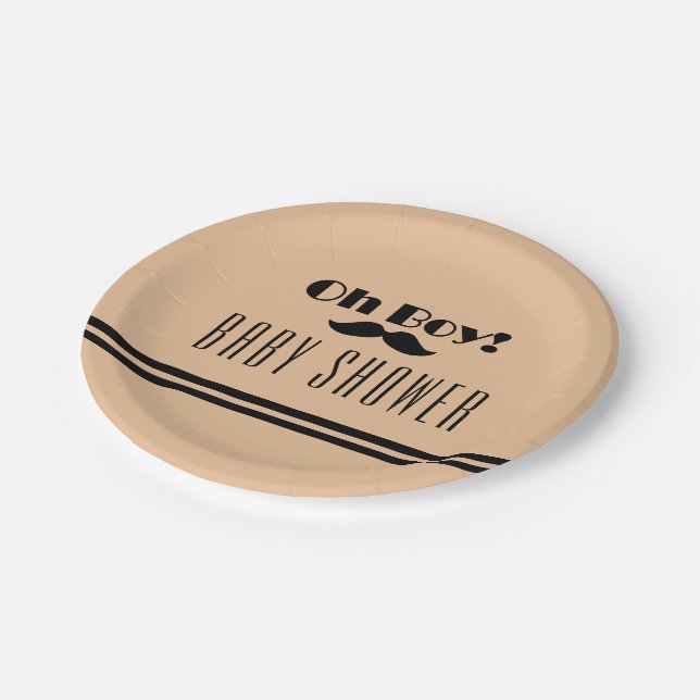 Oh Boy Black Moustache Baby Shower Paper Plate (Angled)