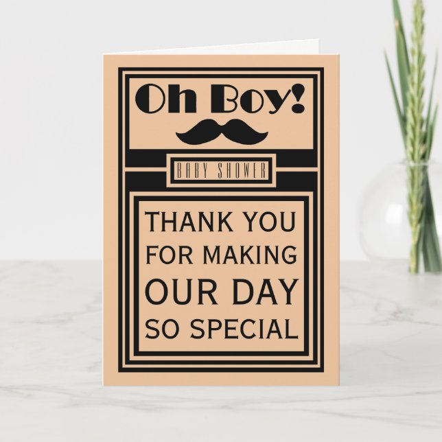 Oh Boy Black Moustache Baby Shower Thank You (Front)