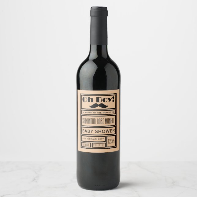 Oh Boy Black Moustache Baby Shower Wine Label (Front)