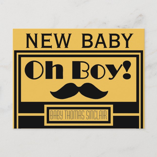 Oh Boy Black Moustache New Baby Announcement (Front)