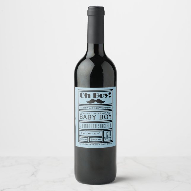 Oh Boy Black Moustache New Baby Boy Announcement Wine Label (Front)