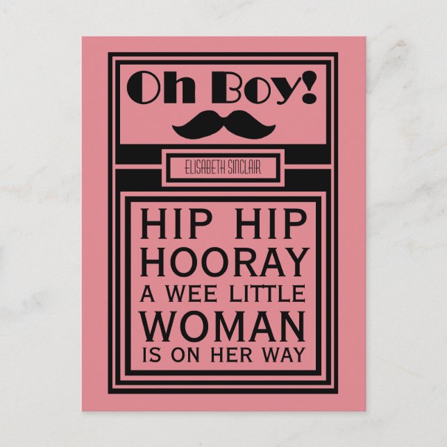 Oh Boy Black Moustache New Baby Girl Announcement (Front)