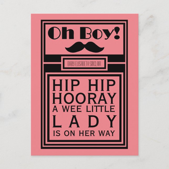 Oh Boy Black Moustache New Baby Girl Announcement (Front)