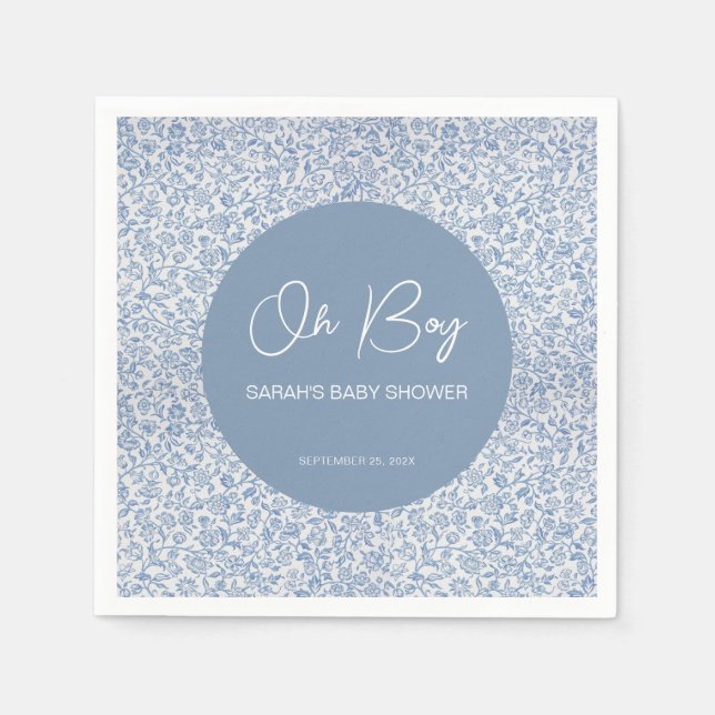 Oh Boy Blue and White Baby Shower Floral Pattern  Napkin (Front)