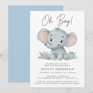 Oh Boy Blue Baby Elephant Baby Shower Invitation