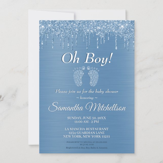 Oh Boy Blue Baby Shower Glitter Drip Baby Feet Invitation (Front)
