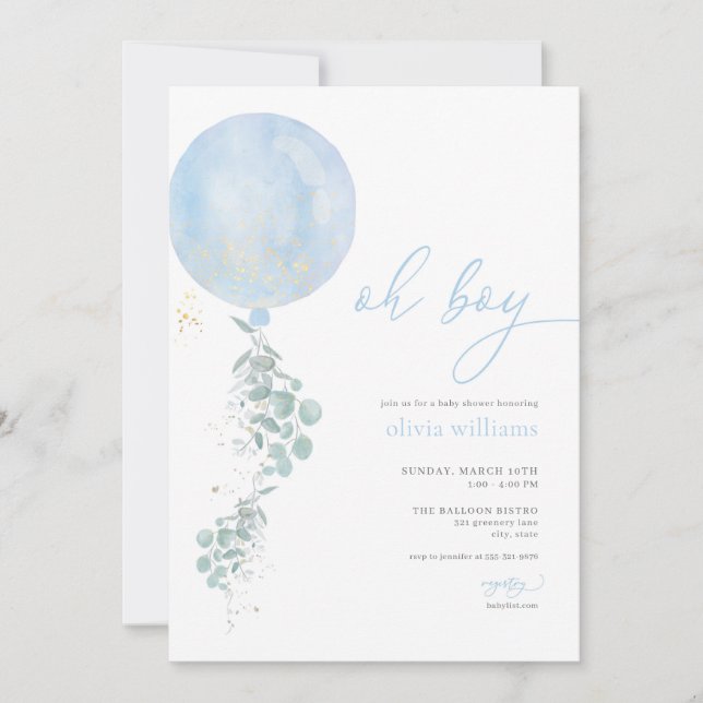 Oh Boy Blue Balloon Baby shower Invitation (Devant)