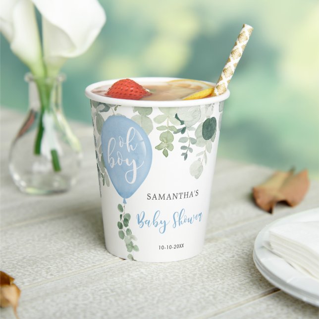 Oh boy blue balloon boy baby shower greenery paper cups (Insitu)
