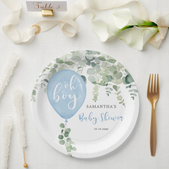 Oh boy blue balloon boy baby shower greenery paper plate (Wedding)