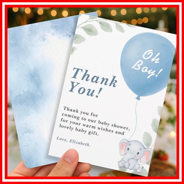 Oh Boy Blue Balloon Elephant Baby Shower Thank You Card (Creator Uploaded)