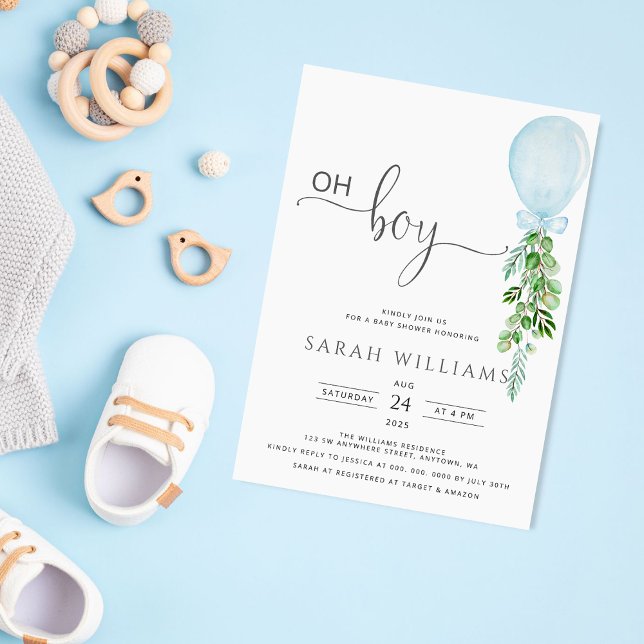 Oh Boy Blue Balloon Eucalyptus Baby Shower Invitat Invitation (Creator Uploaded)