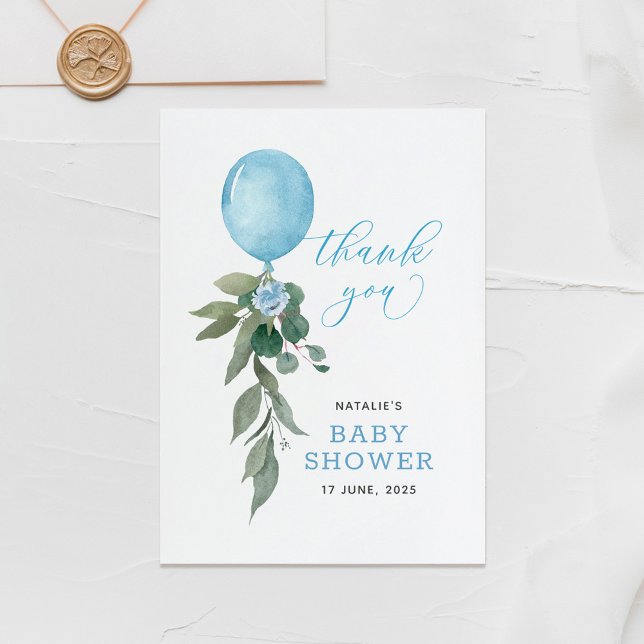 Oh Boy Blue Balloon Greenery Baby Shower Thank You Card (Creator Uploaded)