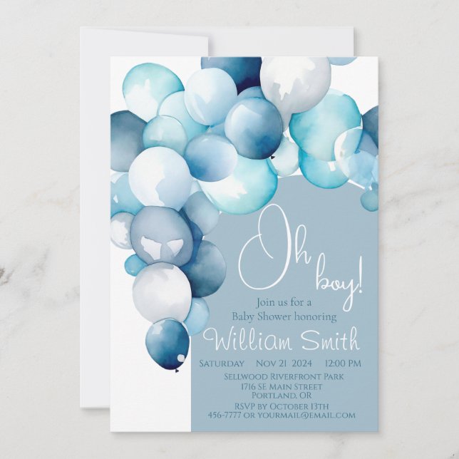Oh Boy blue balloons arch baby shower Invitation (Front)