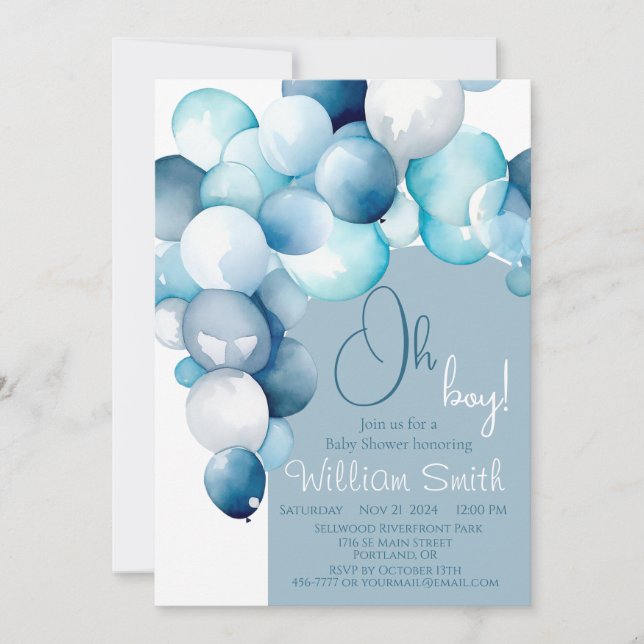 Oh Boy blue balloons arch baby shower Invitation (Front)