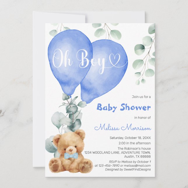 Oh Boy Blue Balloons Cute Bear Baby Boy Shower Invitation (Front)
