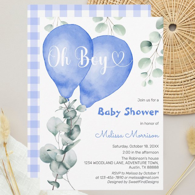 Oh Boy Blue Balloons Modern Eucalyptus Baby Shower Invitation (Oh Boy Blue Balloons Modern Eucalyptus Baby Shower Invitation)