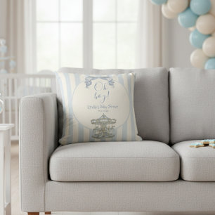 Oh Boy Blue Bow Carousel Horse Circus Baby Shower  Throw Pillow