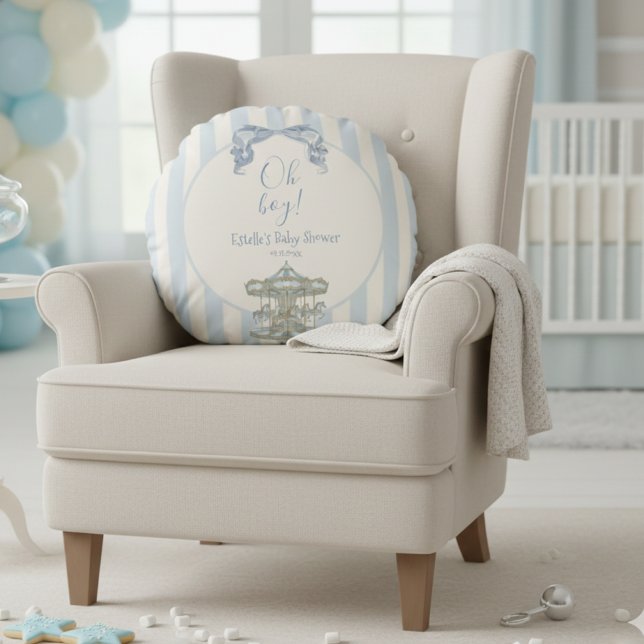 Oh Boy Blue Bow Carousel Stripe Baby Shower Round Pillow (Creator Uploaded)