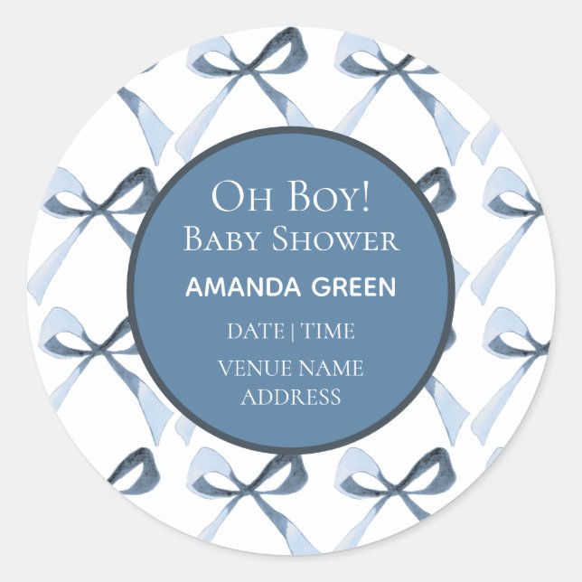 Oh Boy Blue Bows Coquette Baby Shower Sticker (Front)