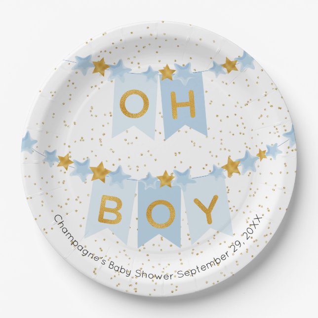 Oh Boy Blue Bunting Flags Baby Shower Paper Plate (Front)