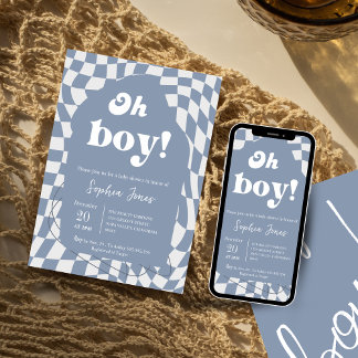 Oh Boy! Blue Chequered | Gingham | baby shower Invitation